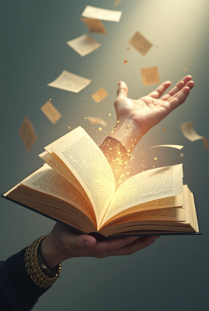Image of a book, words without chains, opened, with several pages flying around, all containing loose and free words, without chains or restrictions. No fundo, a hand extended towards the book, symbolizing the fight for freedom of expression and the dissemination of knowledge through words.