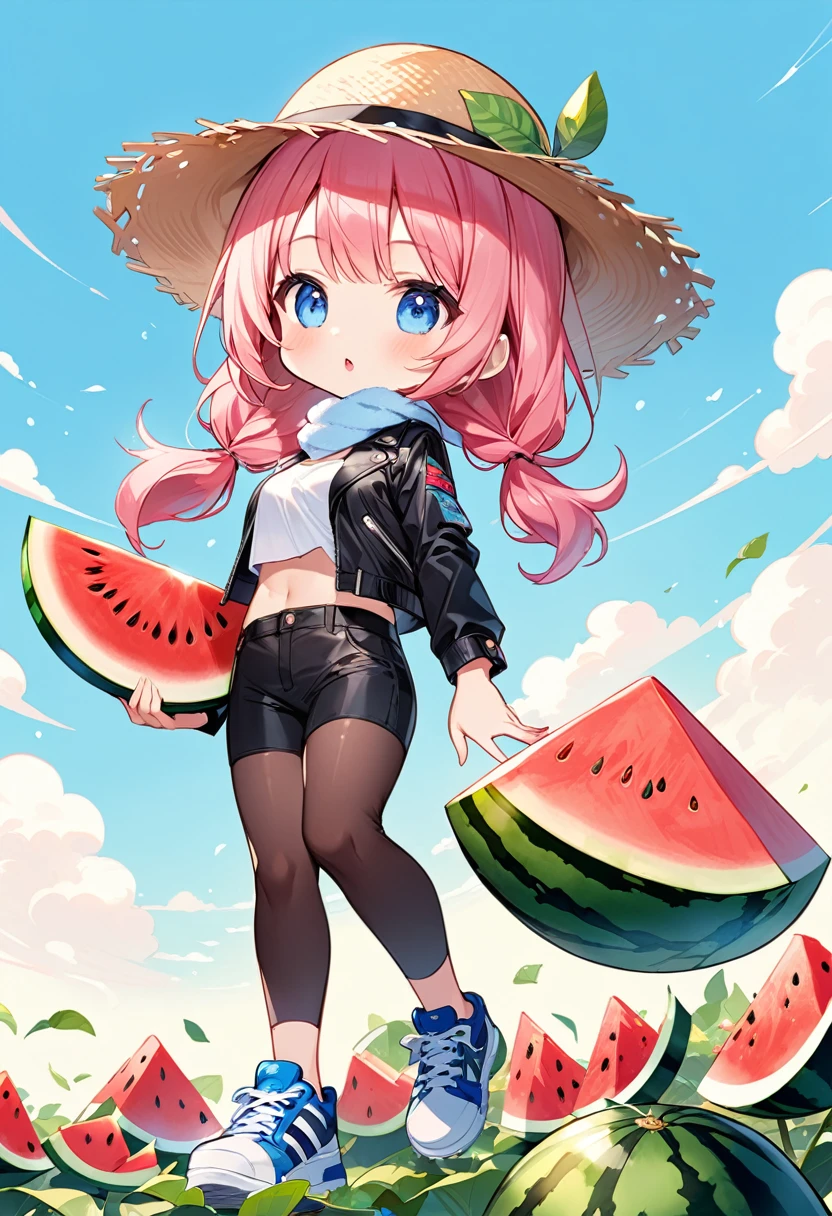 Highest quality、High resolution、Detailed Background、Beautiful face in every detail、Anatomically correct、Detailed facial expressions、fine grain、((full body, from below:1.2, side shot, looking away:1.2)), break ((One Girl:1.2)、((Chibi Girl:1.2)))、Bright pretty hair color、Big beautiful blue eyes、Fuller lips、Pink Lips、Braided twintails、Ahoge、(Helping with the watermelon harvest:1.2)、(Cute black leather jacket、Cute workwear、Cute sneakers、Straw hat、Put a hand towel around your neck)、break ((Lifting a watermelon in a watermelon field:1.2、Wipe the sweat off one's forehead with a towel))、((The background is a watermelon field in midsummer、Intense sunlight))、(The frog is jumping:1.2)