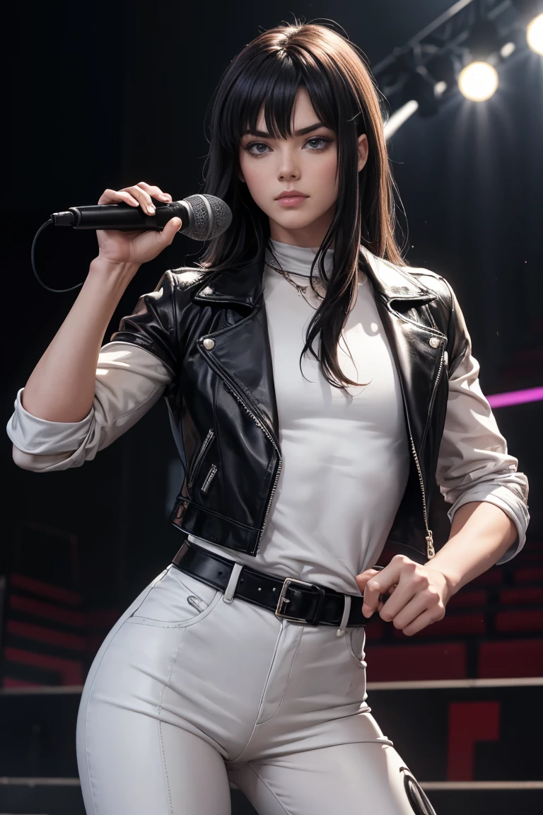 (Concept Art), masterpiece, Highest quality, Realistic, 8K RAW Photos, Tarot Card Style, Absurd iris texture, Accurate anatomy, Facing the audience, Cowboy Shot, (Realistic:1.5) , Perfect body, Alluring face、,Perfect Face,, 19 years old、（(Kadoma Daioh)),,美juvenile、Mature face、Wide-set eyes，A tough climb、Three white eyeichael Jackson style、Sharp Eye､Very wide eyes、White skin and black hair、((neutral))、Long Hair、Center parted hair、Disheveled Hair、Bangs hide the right eye、Long legs、black eye, Long legs, Long black hair, Edge lighting,、Slender body､juvenile、Narrow waist、Rock Stage、Grab the microphone、Bow-legged、Leather jacket、Leather pan、Leather jumpsuit、Men&#39;s、Knee-high boots、Dark fantasy,Backed by a rock band、