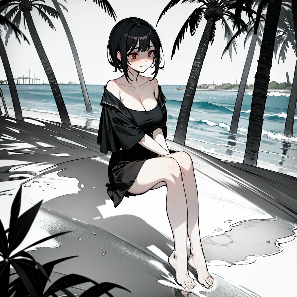 My sister has short black hair, red eyes, blushing, wearing a black bikini, big breasts, a short black skirt, blushing, crossing her arms behind her back, barefoot, by the sea, sitting under a coconut tree, looking at the sea, hugging her knees, sexy, strong sunlight.