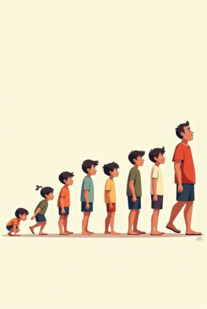 Create an animation of a male showing the growing stage of human from to ddler to pr to primary schnager to adult and lastly old age write the name in each of the images below with the growing stage of the character.