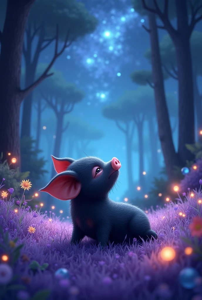 Juninho (a black baby pig) leave the cave tired, because it ran a lot (now he is in a magical forest, with little flowers, fire flies, Magic trees, crystals, purple grass (predominant cool tones and warm tones for details). He lies on the grass on his back and looks at the starry sky.