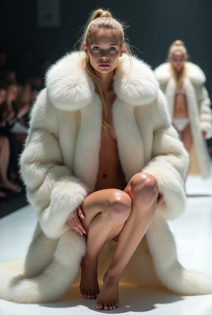 Very wide、Very thick, white mink fur coat, Thickness 100 cm, fluffy, Thick white mink fur collar, 3 floors、(Fur fashion show)、naked、Nordic beauties、High ponytail、(Very large breasts:4.1)、naked、(Squat down and spread your legs)