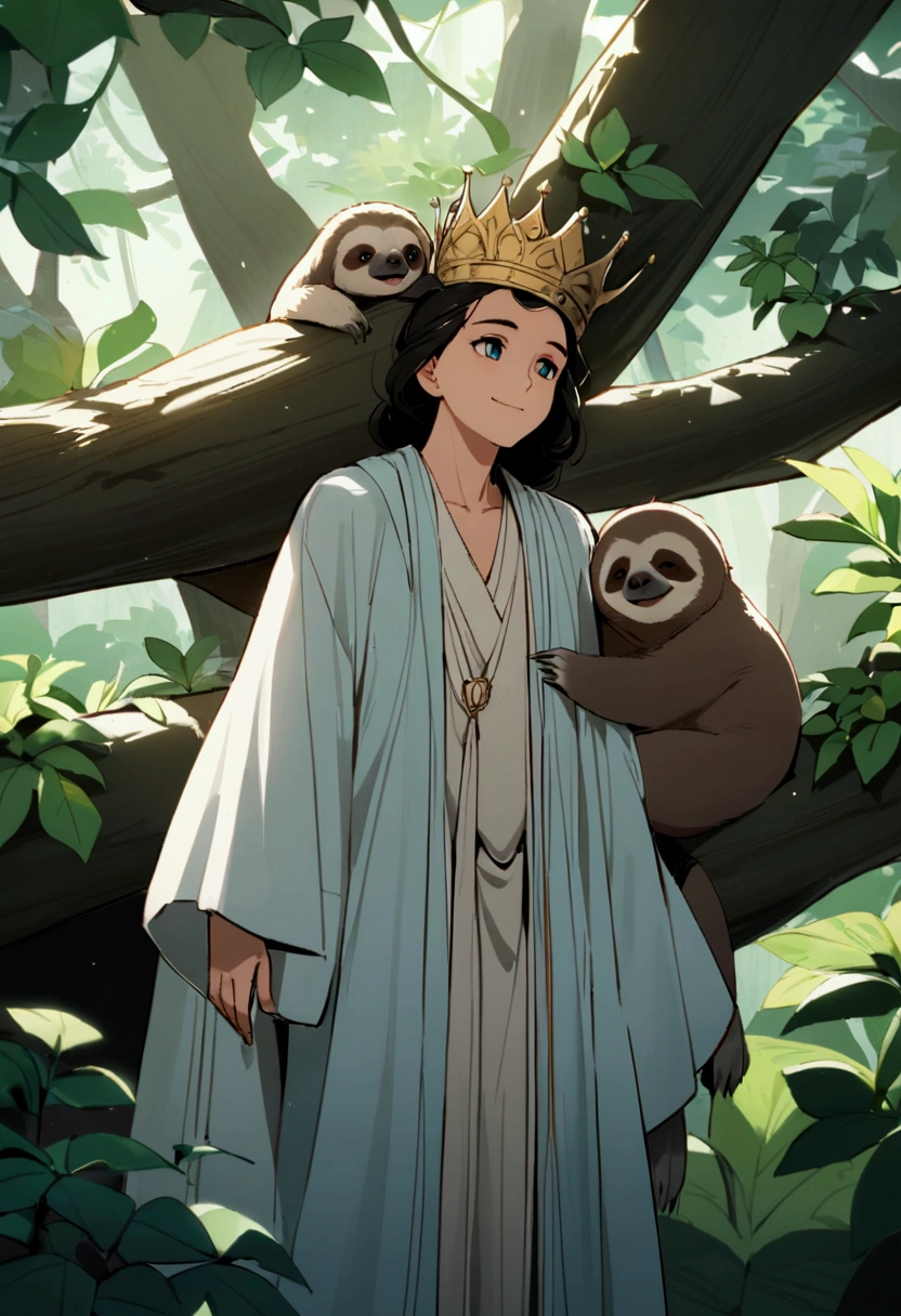 It's quite a sight, a lazy and regal creature up in a tree, surrounded by lush foliage. A sloth, its robe a loose garment of fine make, gazes sleepily at the side with a relaxed smile. In a precarious balance, a crown hangs atop its head, looking like it might slip off at any moment.
