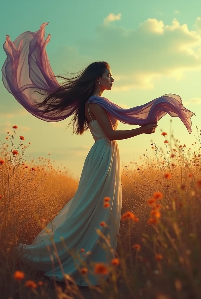 A vibrant background of colors. The dominant colors include shades of muted gold, teal, orange, and purple. The focal point is a woman standing in a field in profile, holding a large, very long, billowy scarf in the wind over her head. Her hair is long and blowing . Hyper photo realistic. Large plot, typography, photo, conceptual art, painting, illustration, fashion, 3d render, portrait photography, cinematic, dark fantasy