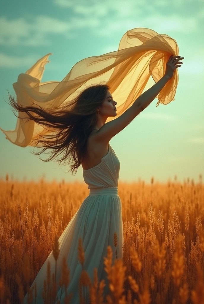A vibrant background of colors. The dominant colors include shades of muted gold, teal, orange, and purple. The focal point is a woman standing in a field in profile, holding a large, very long, billowy scarf in the wind over her head. Her hair is long and blowing . Hyper photo realistic. Large plot, typography, photo, conceptual art, painting, illustration, fashion, 3d render, portrait photography, cinematic, dark fantasy
