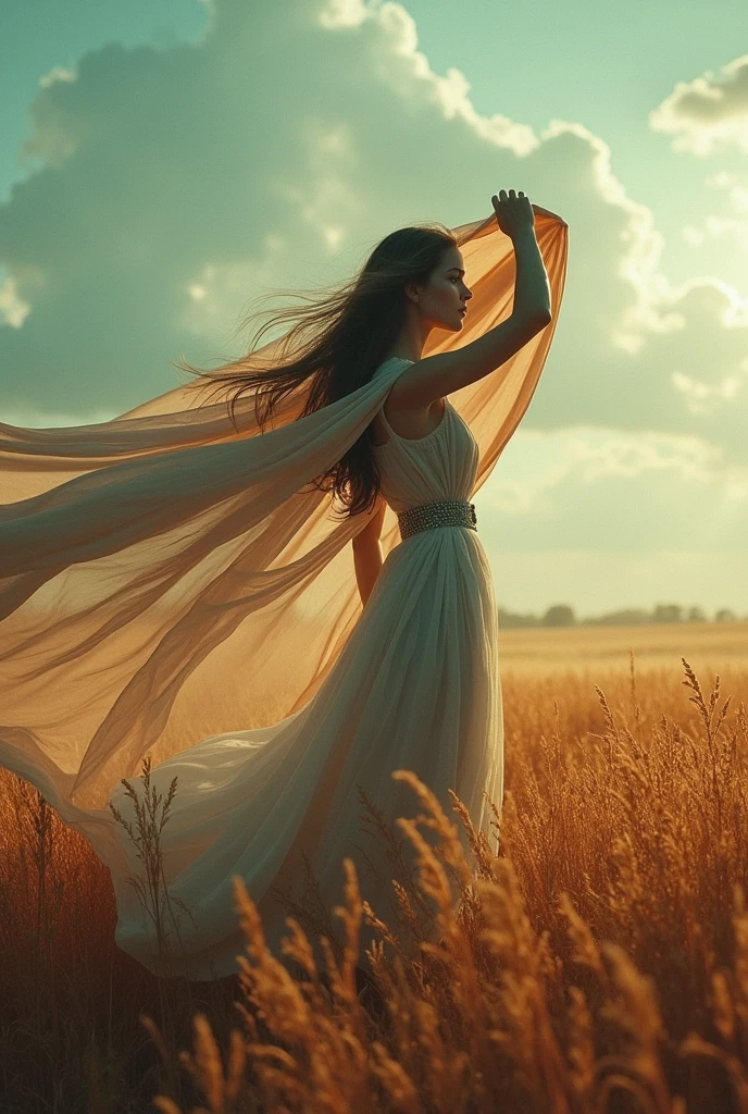 A vibrant background of colors. The dominant colors include shades of muted gold, teal, orange, and purple. The focal point is a woman standing in a field in profile, holding a large, very long, billowy scarf in the wind over her head. Her hair is long and blowing . Hyper photo realistic. Large plot, typography, photo, conceptual art, painting, illustration, fashion, 3d render, portrait photography, cinematic, dark fantasy