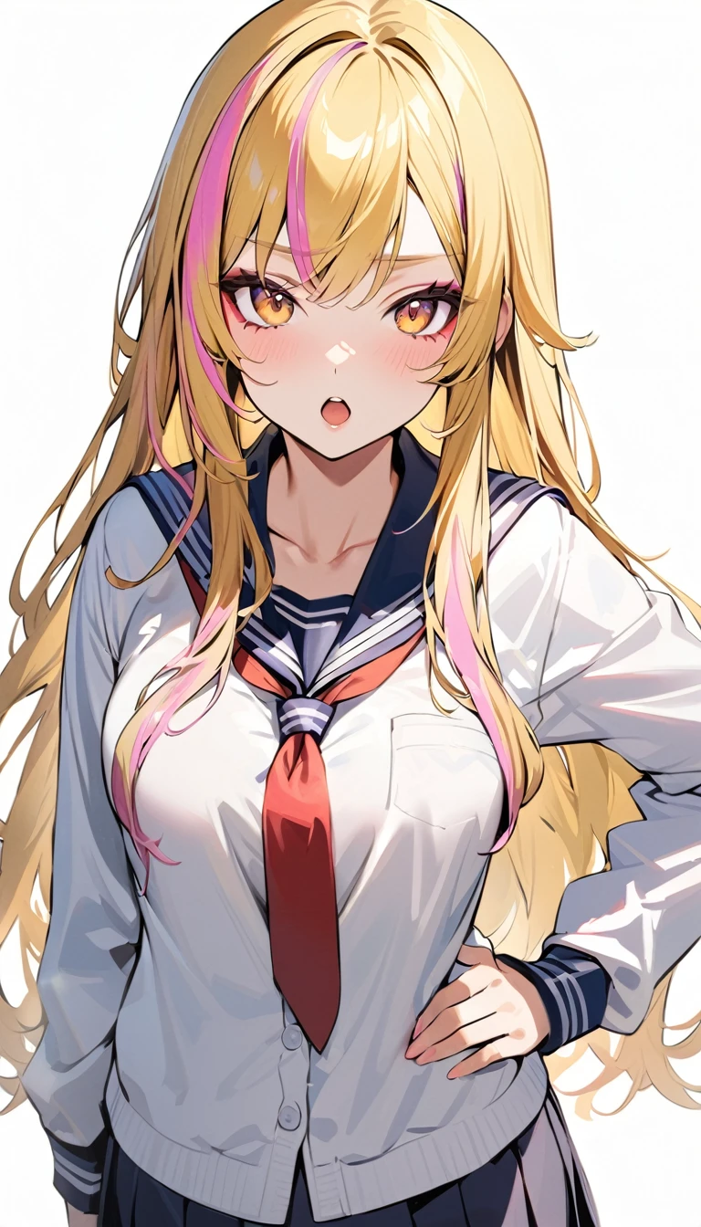 super detail, 1girl, natural makeup, long hair , yellow hair, pink streaked hair, school uniform, hand on hip,looking at viewer,open mouth,white background