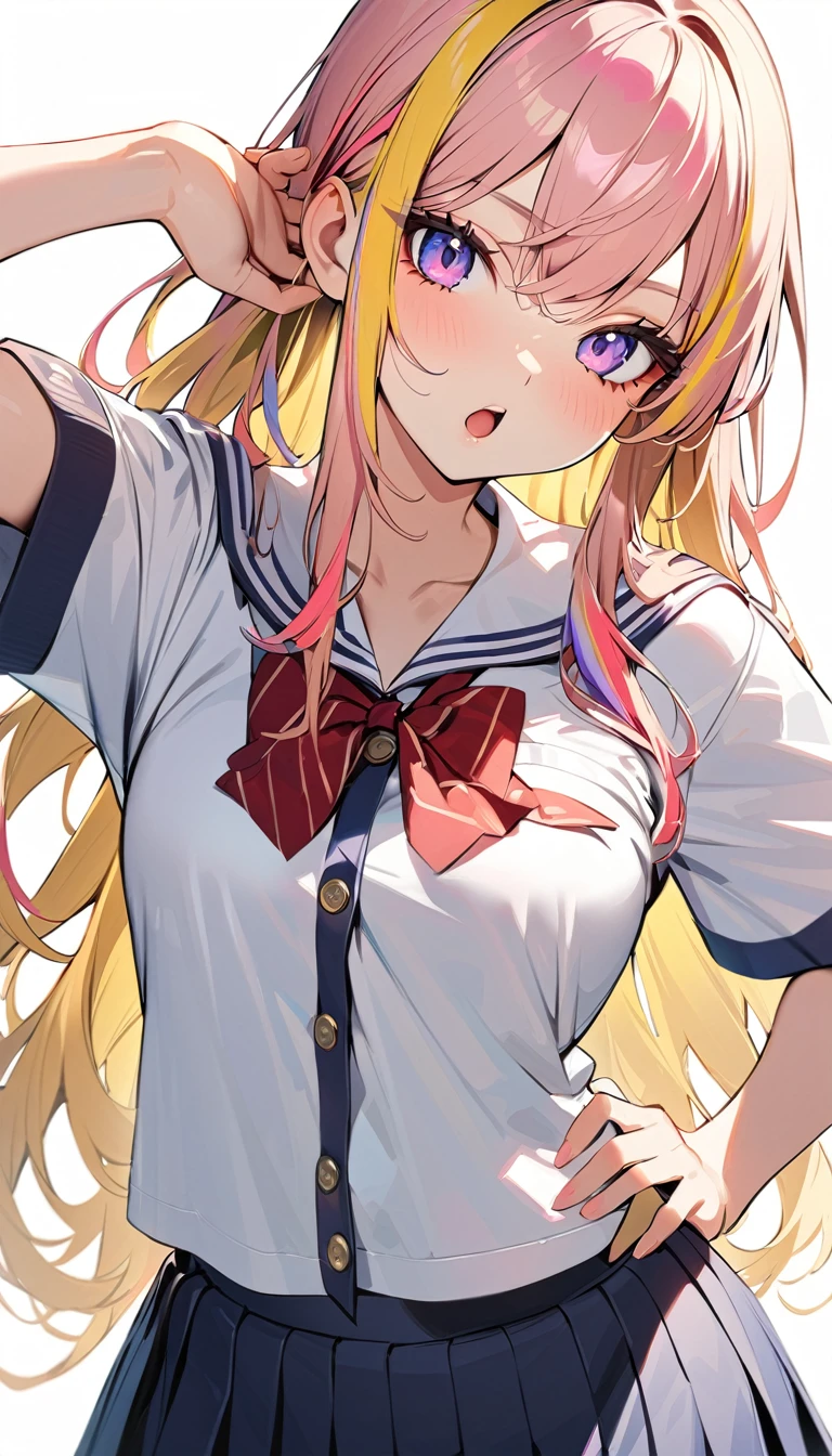 super detail, 1girl, natural makeup, long hair , yellow hair, pink streaked hair, school uniform, hand on hip,looking at viewer,open mouth,white background