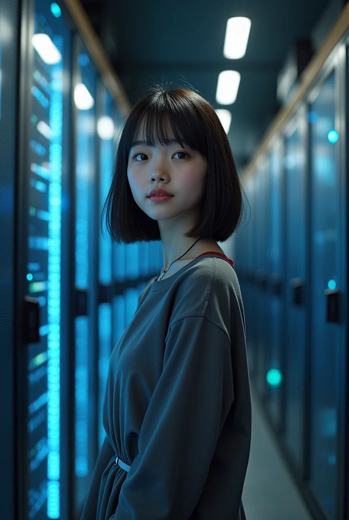 (Full body:1) of a young girl, smart casual, hacker's server room, detailed face, ((cool facial expression)), (straight short thin fringe hair:1.2), ultra detailed photograph, (photorealistic), (intricate details:1),(masterpiece :1), (best quality:1), ultra high res, (detailed eyes), (detailed facial features), HDR, 8k resolution, (lens flare:0.5), light from far behind, (smile, joy) 