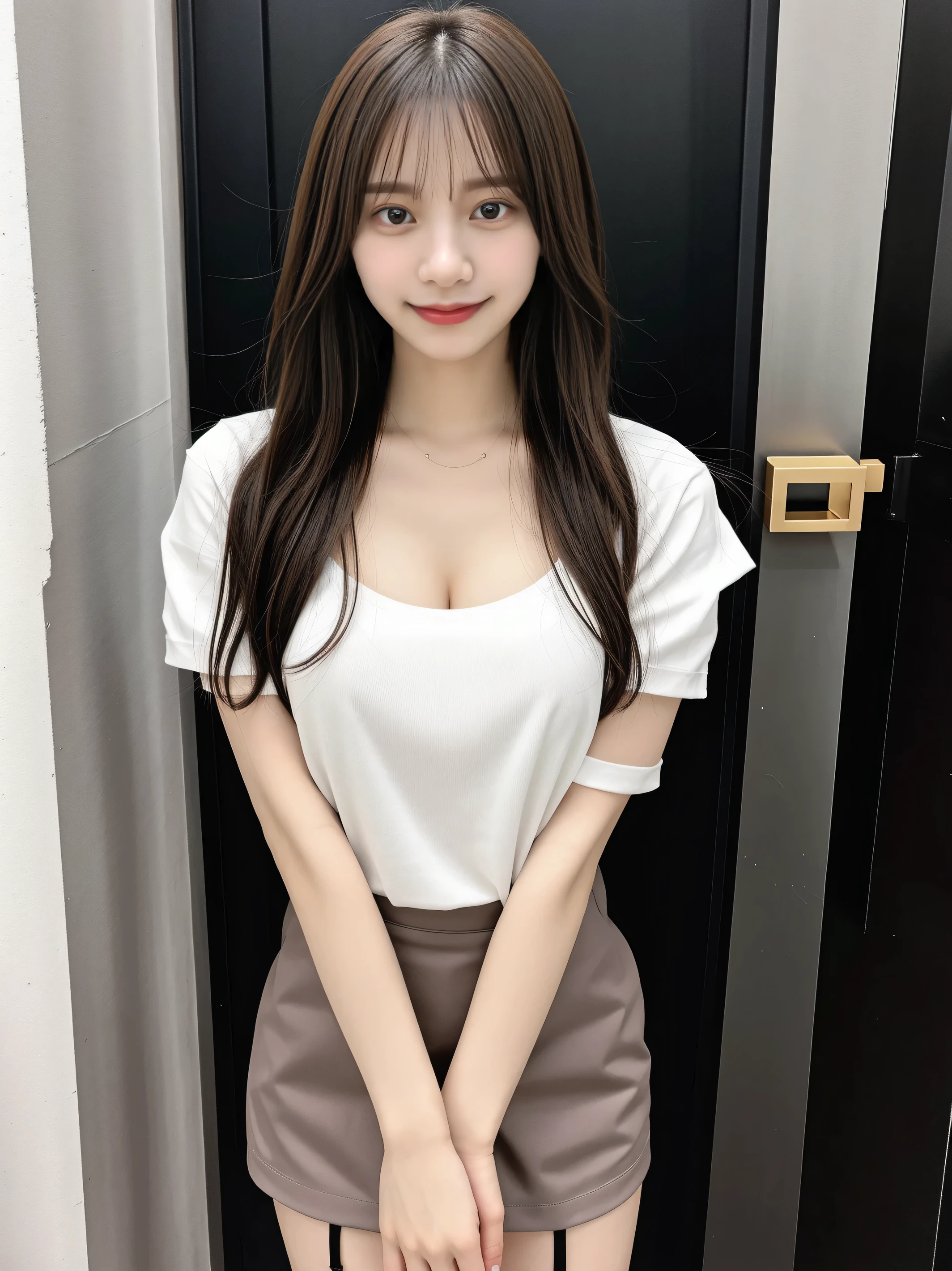 40k, photograph, masterpiece, Highest quality, Tight thin T-shirt、A T-shirt with open cleavage、Tight Skirt, ((Super beautiful girl)), perfectionな顔, perfection , ((Big Breasts)), ((smile、One with brown eyes and beautiful light black hair)). Beautiful Japanese Women,Very white skin, . Highly detailed face, fine grain, Embarrassing, smile, whole body, Long and beautiful legs、Long Hair、With bangs、Light Brown Hair、Sexy body、Panty stocking、While opening the door