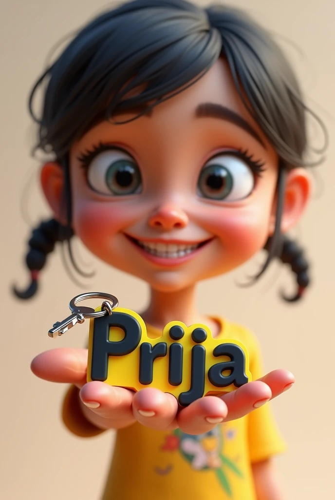 3D caricature of a girl, key chain in the palm of the hand. High-quality realistic photo, and there is the name "priya" in 3D letter style, embossed and realistic, in black yellow, indium white and black, below the Snapchat logo