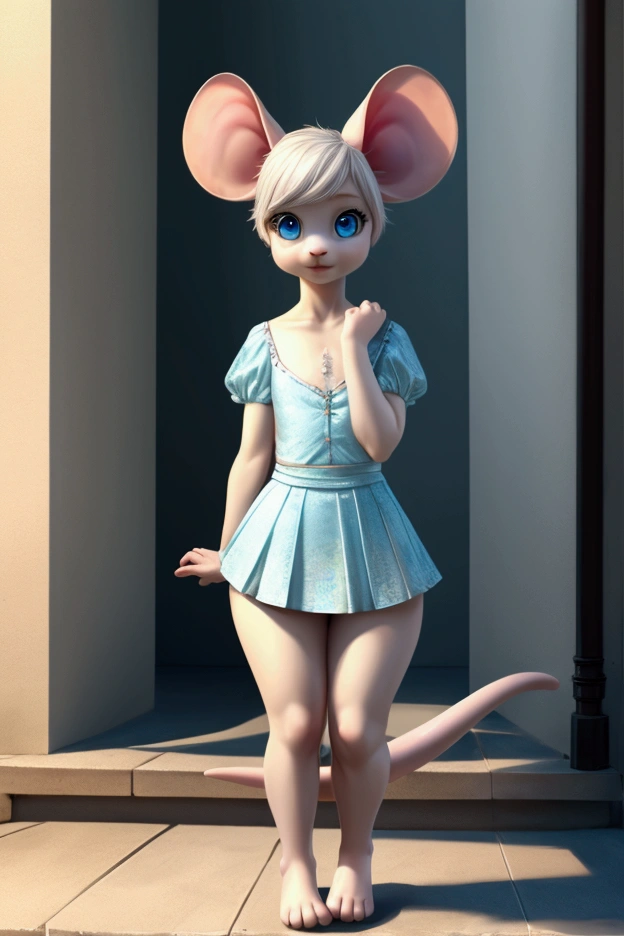 Little slim female mouse with nice big thighs and white fur and cute blue eyes and she is wearing a short dress with a full body mini skirt and she is 8 years old.