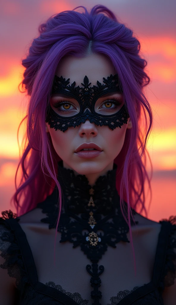 A woman wearing a mask and purple hair stands in front of a sunset, inspirado em Magali Villeneuve, Oriental Face, pintura de personagem bonita, Estilo de arte oriental, arabian art, 8k arte detalhada de alta qualidade, epic fantasy art portrait, epic exquisite character art, regal and menacing visage, detailed face of an arabic woman, Graphic artist Magali Villeneuve