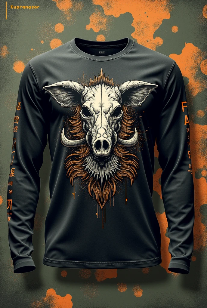 CREATE A LONG SLEEVE MILITARY HUNTING T-SHIRT WITH THE PICA FUMO LOGO AND A SKULL AND A BOAR


