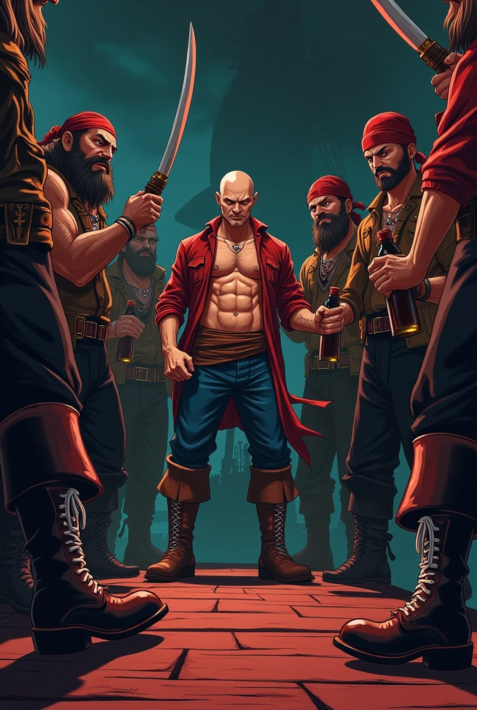 Draw a picture of the pirates letting a Nazi walk the plank. The combat boots should have white laces and should be on the front of the boots, not behind! Das ganze im One Piece Anime Style, the pirates are said to be drunk and have sabres and rum bottles in their hands, They should also have beards. The Nazi is said to be bald and to have wet his pants and to look pathetic and to be tied up. The picture should be kept dark with lots of black and red tones