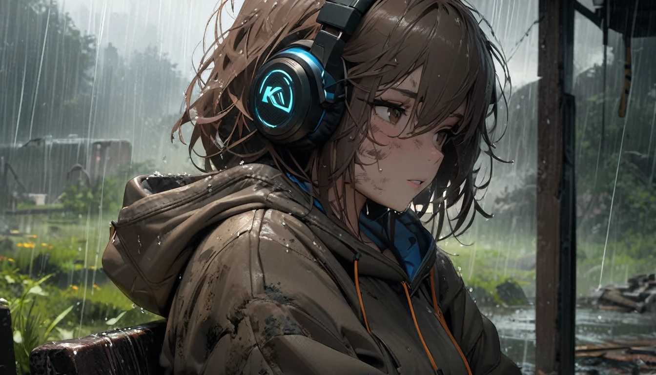 masterpiece, a girl, alone, incRotibly absurd, hoodie, headphones, Rain, Neon,Future Soul Art, dirty woman sitting on chair in dilapidated house, wet and messy hair above the eyes,pleated skirt. vixip, Close-up of the landscape, injured. Hand painted, cinematic lighting, Very detailed. White, brown, Rot. perfect composition, masterpiece, highest quality, 4K, keen focus. perfect anatomy.