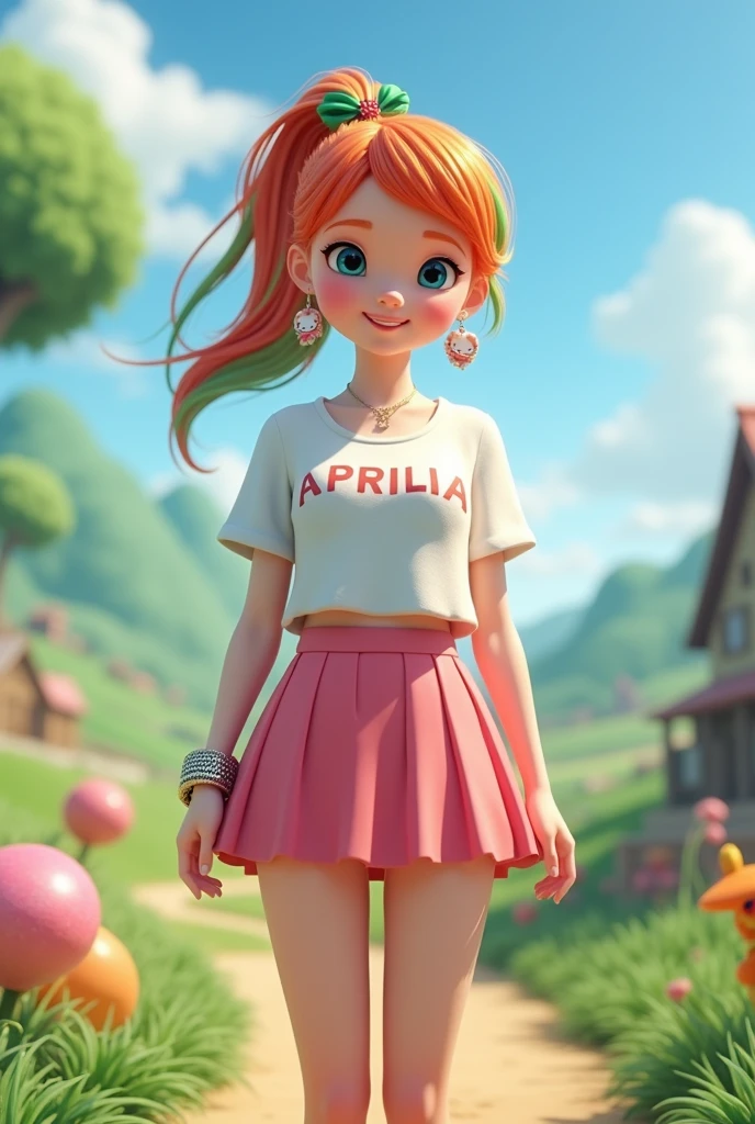 make a 3D picture,real character.A beautiful teenage girl wearing a short pink skirt and wearing a white shirt, orange hair, two-color hair tie, green and red hair, wearing a metal bracelet, wearing glass shoes, wearing helokiti earrings, wearing a necklace.background in the countryside.displays "APRILIA" on his clothes.small capital font.