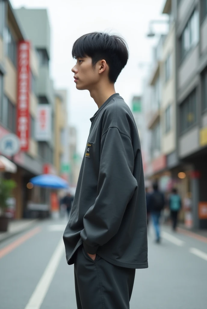23 years old　Japanese　male　university student　Hairstyle parted in the center　I can see your forehead　Simple Outfit　color of clothing（monotone）　Full body photo（So that you can see your feet）　A photo taken unexpectedly　profile　Photo from a distance　place（Urban city）　Don't put your hands in your pockets　Other shoots