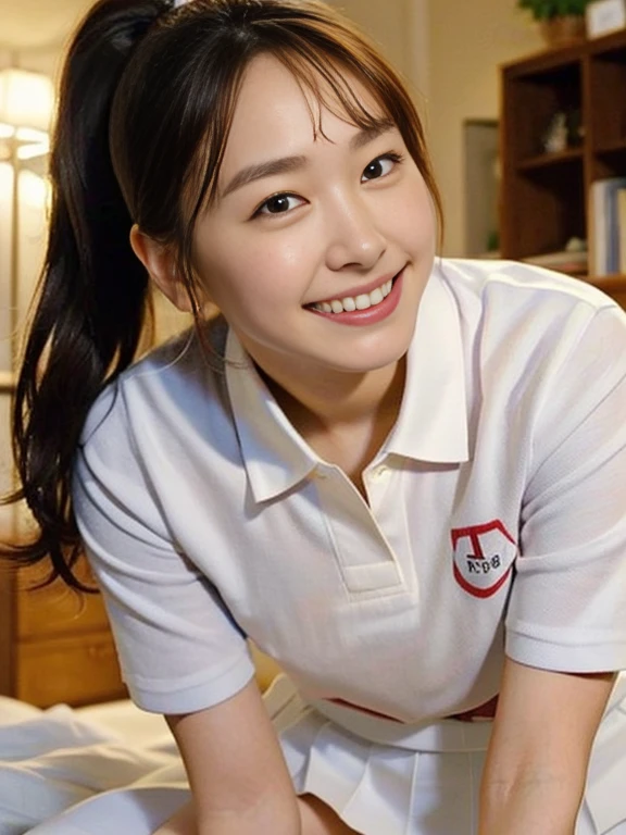 (Masterpiece, Best quality: 1.3), (Ultra realistic, Photo-realistic: 1.2), Natural light, 28 years old actress, Japanese women, Neat and clean, (White tennis uniform, White short-sleeve polo shirt:1.2), (unbutton:1.3), (White tennis skirt:1.2), white sock, (Ponytail: 1.2), (Beautiful face), Oval face, clear, Beautiful eyes, Kind eyes, Clear skin, Small face, Beautiful mouth, Small mouth, Natural makeup, Approachable, (nsfw:1.2), Seductive smile, (Seductive pose: 1.3), (Beautiful thighs: 1.1), (Bedroom eyes: 1.2), Embarrassed, Blush, Luxury hotel Suite room, On bed, Hidden camera installed in suite room captures obscene reality of girls high school, lesbian couple , petting together, grabbing crotch, erotic hag,