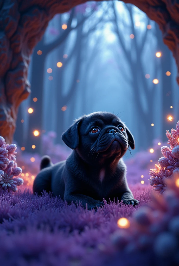 Juninho (a black pug puppy) leave the cave tired, because it ran a lot (now he is in a magical forest, with little flowers, fire flies, Magic trees, crystals, purple grass (predominant cool tones and warm tones for details). He lies on the grass on his back and looks at the starry sky.