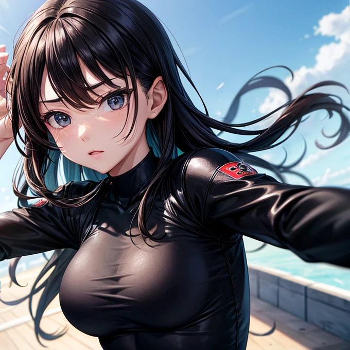 wearing a black bodysuit､Woman doing karate