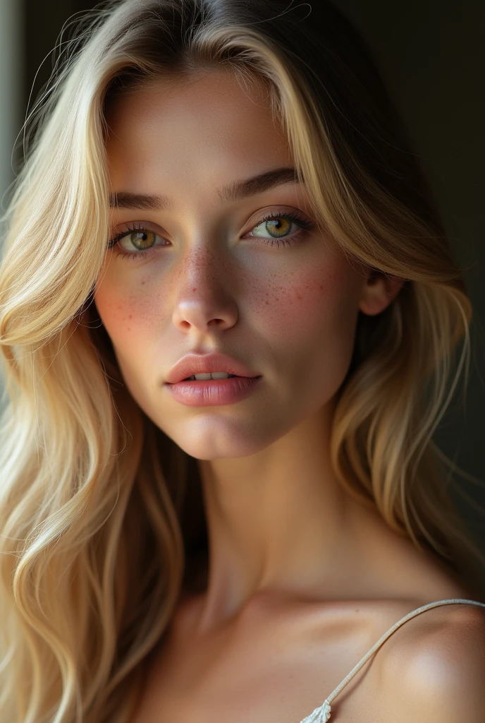 young blonde woman with almond hazel colored eyes small nose with a few freckles and pretty luscious pink lips. light and illuminated makeup. ultra realistic portrait 8k quality and pretty long wavy hair bare shoulders 