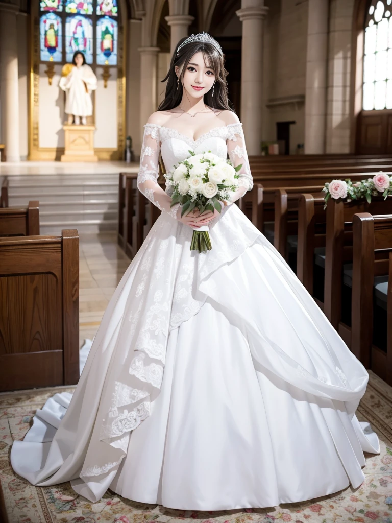 Photo-realistic quality、a woman in a Wedding dress holding a bouquet of flowers、Standing in front of the church、20 year old Japanese model、白のWedding dress,Hanae Mori style wedding dress、Japan idols at 20 years old、lace prom dresses、looking at the camera、Detailed and beautiful eyes、Cute smile、Relaxed and gentle expression、holding a bouquet, Wedding dress, So magical and dreamy、35mm Lens aperture F2.Shot at 8、Full body photo、From head to toe、A long, wide wedding dress that covers the feet、Narrow waist