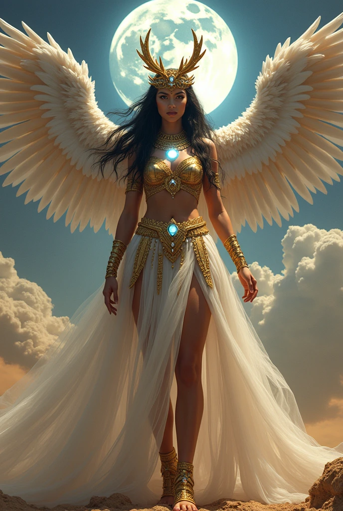Uma princesa do Egito com asas douradas, emanando uma aura de divindade. Her flowing dress in shades of white and gold complements her majestic wings. It is hovering over the desert dunes, looking down with a serene and powerful expression.