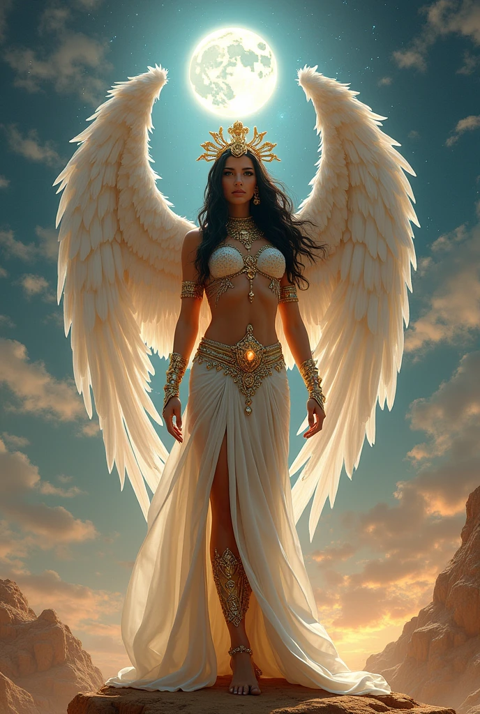 4K,hight resolution,One Woman,harpy,Black hair,toenails,White wings,Ancient Egypt,Queen of Egypt,Costume with golden decoration,jeweled costume,Navel Ejection,Sky、a moon