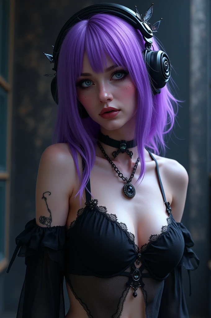 Korean purple hair butterfly woman with headphone and black transparent clothes funeral funeral background 