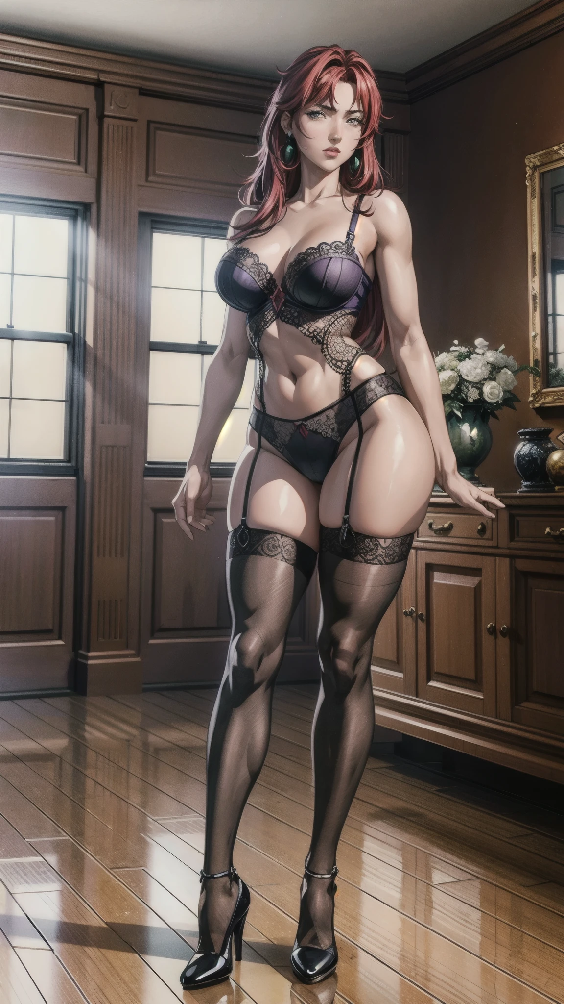 (ultra-detailed, CG ,unity ,8k wallpaper),(masterpiece), (realistic), (photorealistic:1.2),(raw photo:1.2), (best quality:1.2), (detailed face :1.4),(beautiful detailed eyes :1.2), MFBP1,  woman (takashirohiroko, red hair, round green earrings, purple llaced bra, purple laced panties, garters, black see through thigh highs), supermodel, natural light, unedited, high_heels, full body, luxury apartment, interior design,leading lines, great composition, best quality, ultra high res, photorealistic, 