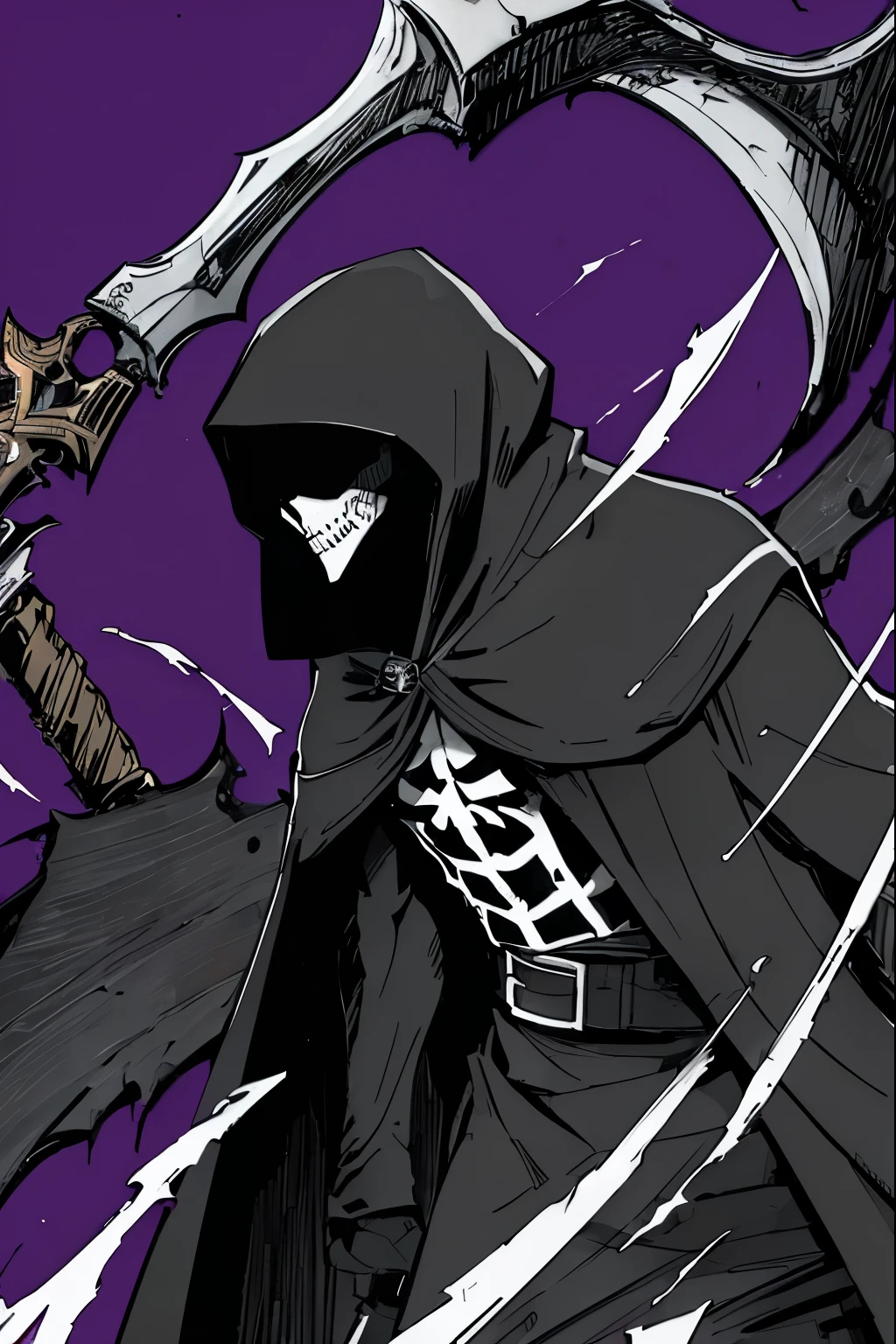 a grim reaper inspired vigilante in the dark and gritty Gotham city, wearing a long black cloak, with a skeletal mask, wielding a scythe, standing on a rooftop at night, glowing red eyes, dramatic lighting, moody and atmospheric, cinematic composition, dark and gritty, photorealistic, (best quality,4k,8k,highres,masterpiece:1.2),ultra-detailed,(realistic,photorealistic,photo-realistic:1.37),dramatic lighting,cinematic angles,dark and moody atmosphere,highly detailed face and costume,glowing red eyes,dramatic shadows,detailed scythe weapon,dark and rainy Gotham cityscape in the background