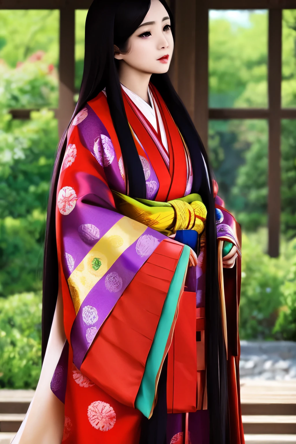 (masterpiece, best quality:1.2), 1girl, juni-hitoe, solo, very long black hair, purple-red karaginu, purple-red hakama, holding (open hiogi), blur the background, sodeguchi accurate depiction,