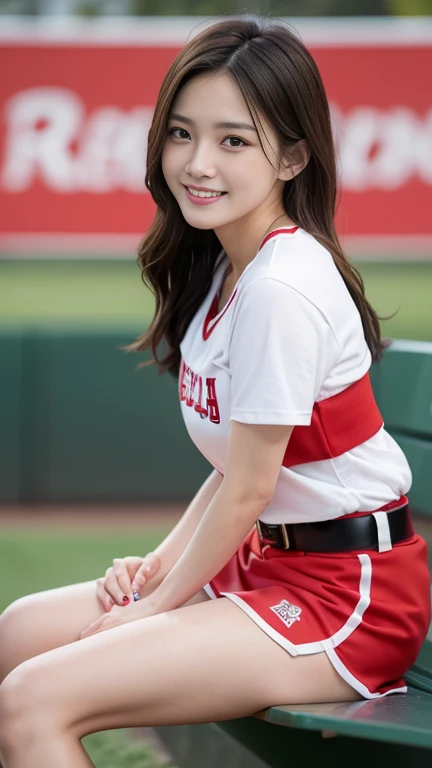 1 person、(Age 27)、(Highest quality), Realistic, Very detailed, finely, High resolution, (8k), One beautiful woman, (Starry Sky Baseball Stadium)、(Taiwan Rakuten Cheerleaders),(A white T-shirt with a red Rakuten logo))、((Red Belt))、((White shorts))、((From the whole body to the toes:1.3)、((Full Body Shot:1.3))、(Big Breasts)、(Big Ass),(Look back and laugh)、 (Look at me and smile),(Side Shot)、(Side view:1.3)、(photoRealistic:1.3),(From the whole body to the toes:1.3)、(Sit on a bench)、(A smile showing white teeth),