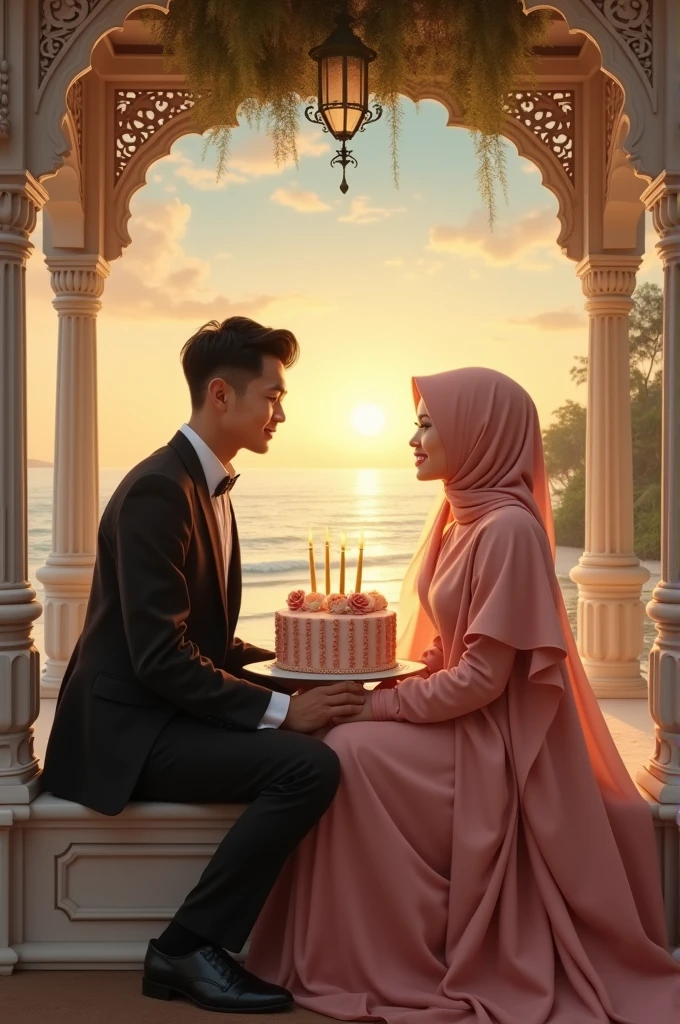 Potret pria muda indonesia  memakai jas dan wanita indonesia muda memakai gaun gamis,sedang duduk bermesraan sambil memegang kue ulang tahun di gasebo pinggir pantai..