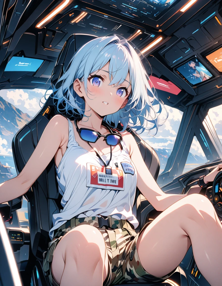 anime、Light blue hair、Near future、In the cockpit、White tank top､Camouflage trousers、Name Tag、beautiful girl