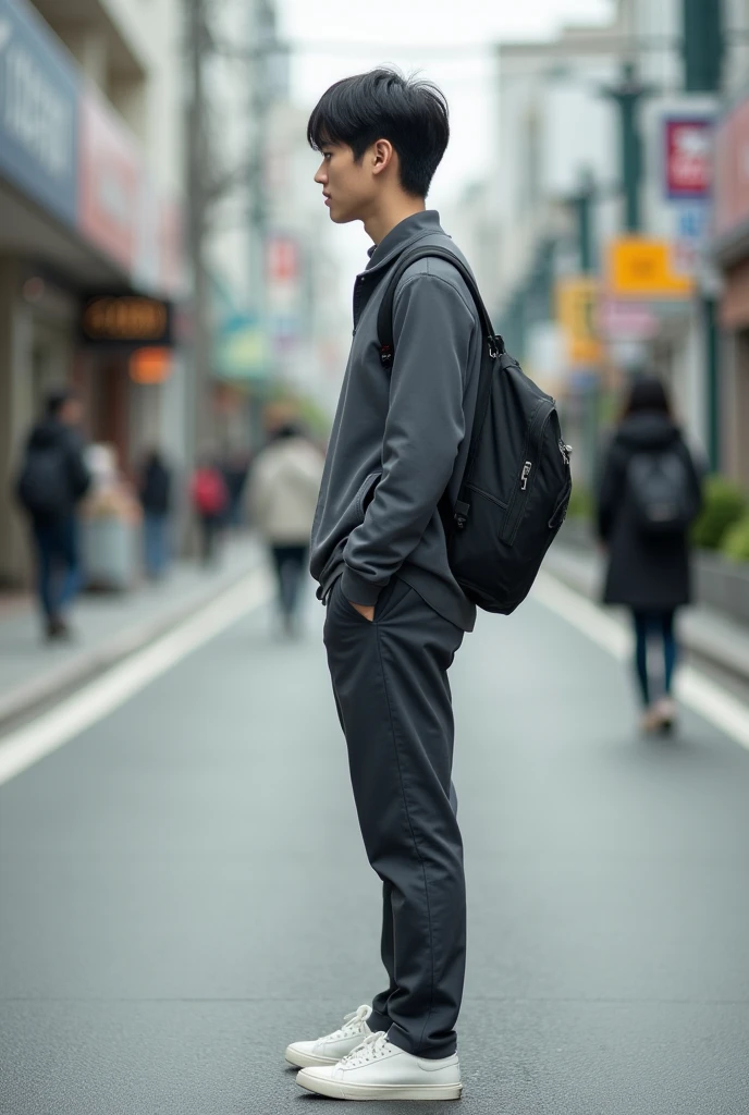 23 years old　Japanese　male　university student　Hairstyle parted in the center　I can see your forehead　Simple Outfit　color of clothing（monotone）　Full body photo（So that you can see your feet）　A photo taken unexpectedly　profile　Photo from a distance　place（Urban city）　Don't put your hands in your pockets　Other shoots