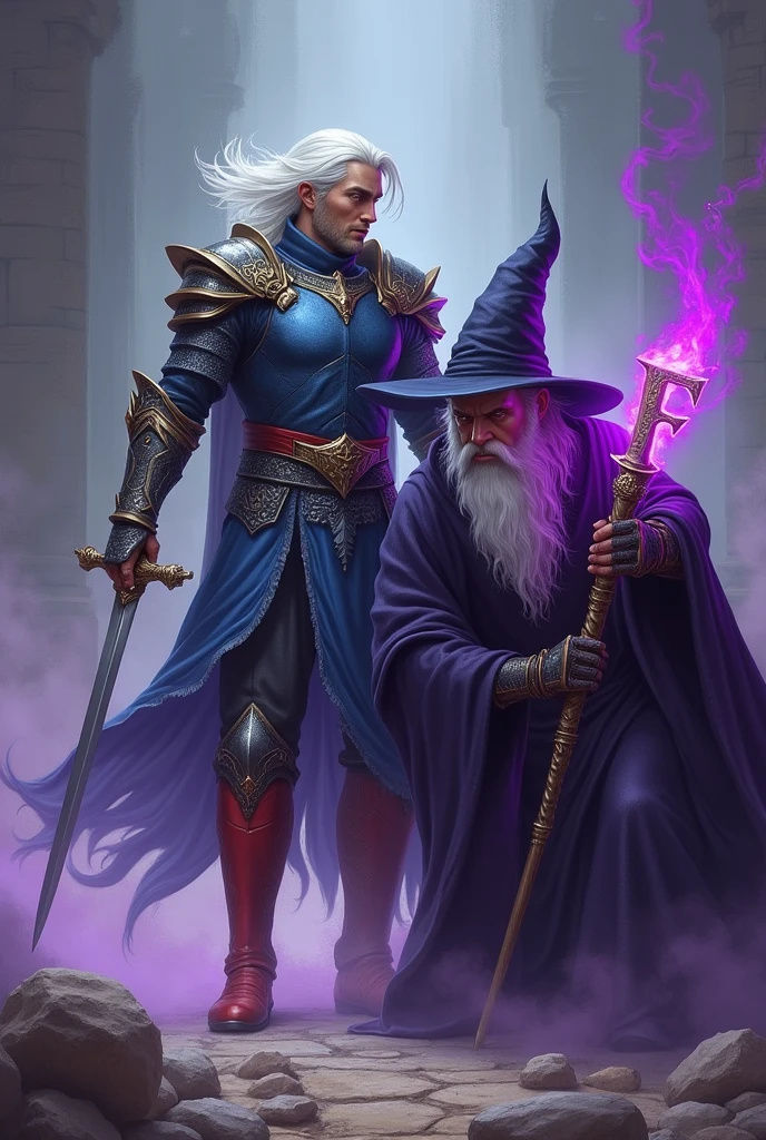 male warrior with armor in shades of blue, wearing red boots, White hair, sword in hand, In a victor's pose, before a defeated wizard dressed in purple and dark tones, with a white beard and a pointed hat, wielding a long staff or cane, the tip of the staff adorned with a golden letter F engulfed in dark purple flames