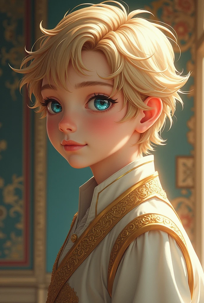 Young Prince, a little sickly, light skin, golden hair, dazzling blue eyes, Clothing of Antiquity, anime style
