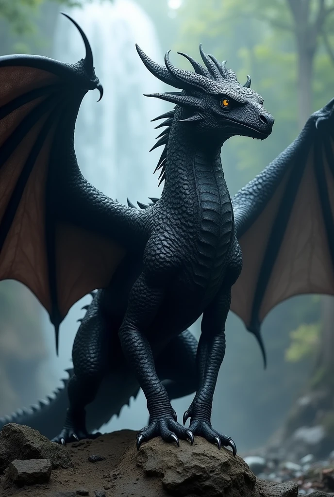 Black Dragon that has the following specifications Hunting Skills: Stealth Speed Camouflages itself according to the habitat where it is Very strong bite Resistance to attacks Size: stomach 1.80 m, their wings with each one of 1.6 m Speed:5 Poison - lethality: Automatically causes vision damage to the point of blindness 3
