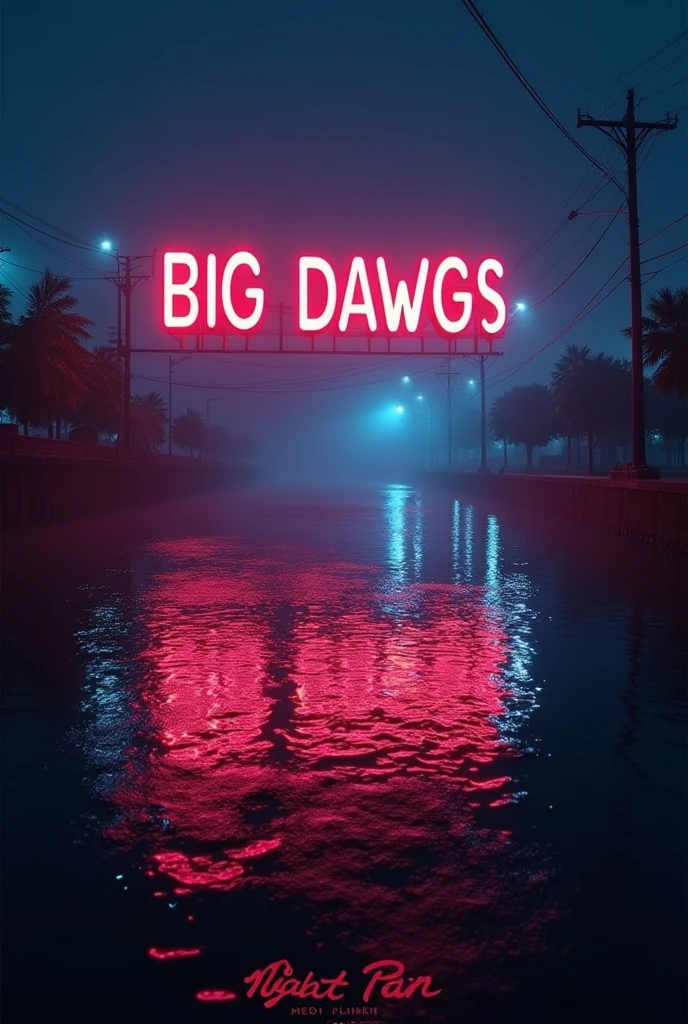 Crie uma miniatura para o videoclipe big dawgs, night rain, neons reflecting on the water pieces 