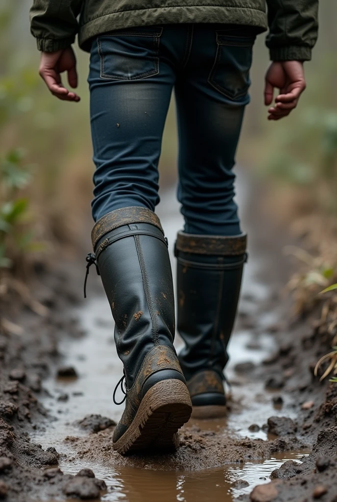 Knee high boots, black, chunky sole, skinny jeans tucked in, walking on mud, dirty 