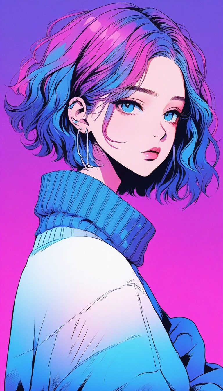 Illustrator, anime , Realistic ,sketch , 1 person, ,lip, sweater,order, Blue gradient background, Neon Hair,Texture Trim, Canadian, (masterpiece,Highest quality) Cancer