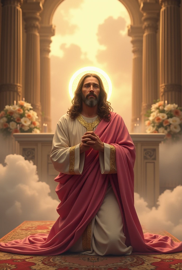 (photorealism:1.2), Crying Jesus Christ, kneel praying under the altar of the priest that full of clouds and sorrounded of many candles, wearing pink king clothes with light in his head and heart spreading all over, perfect five finger, long beautiful hair, indoors, soft lighting, clouds in background, beautiful light, perfect church and clouds, relaxed pose, realistic, intricate details, warm colors,
