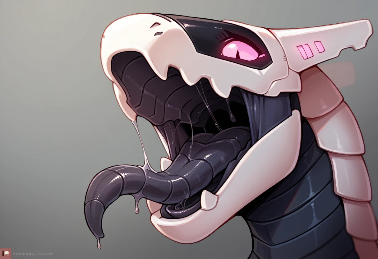 Interior of a maw, black maw, gullet visible, mouth open, synth \(vader-san\), robot:1.2, gray exterior, pink eyes, black chest, mouth shot, close view, black tongue, saliva, glistening