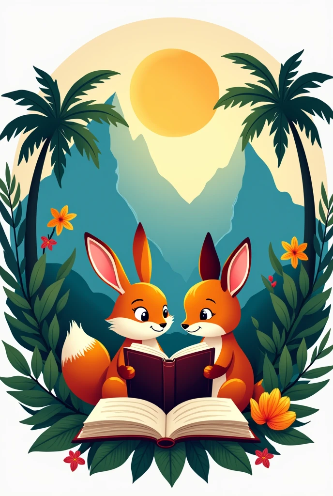 Logo with a rabbit and a fox reading a book, surrounded by tropical nature, real mountains and the sun