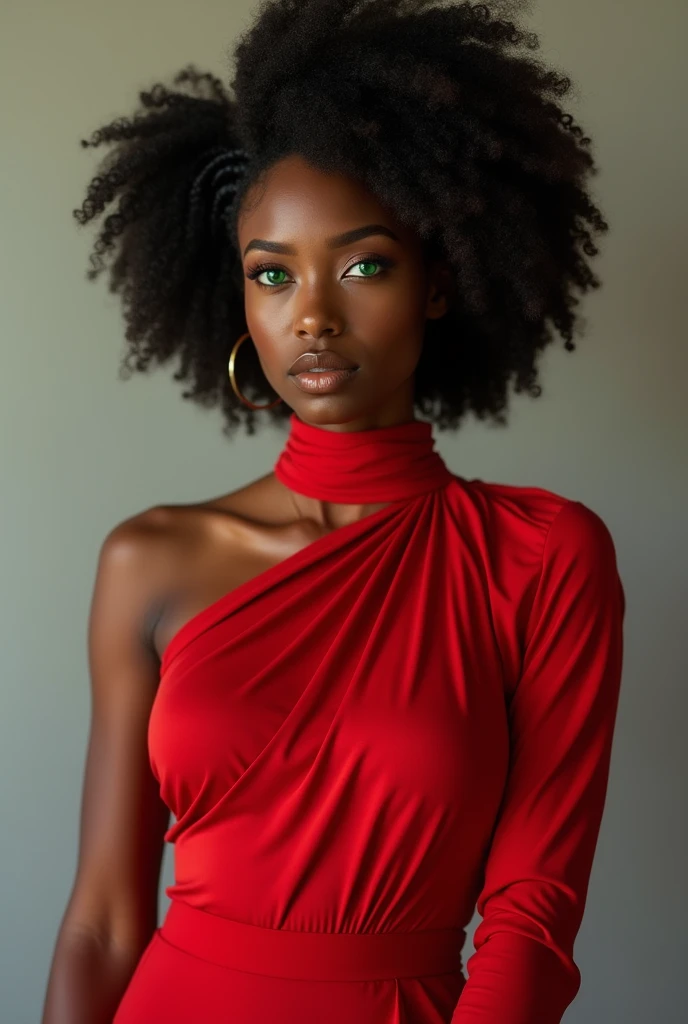 Une jeune fille de 24 ans de teint noir et yeux vert , très sexy avec les cheveux afro , photo entière, plusieurs de ces photos avec différents vêtements de couleur rouge. Avec ses cheveux nattée, avec des lentilles vertes sur les yeux