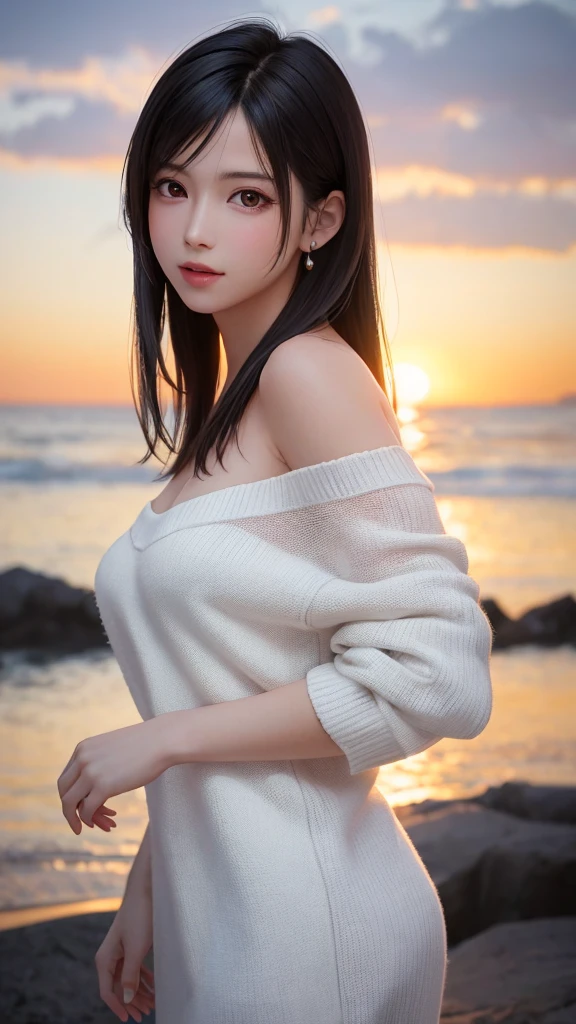 {Top Quality, Masterpiece}, (Realistic: 1.3), Wallpapers, ultra high res, ultra high quality, BREAK {{{FF7,Tifa_lockhart, solo}}},{Ultra-detailed face, Detailed Red eyes},(black Brown Hair, Large breasts: 1.0),(Imaginative Macanese Female Page, background is Unique seaside, at Sunrise), BREAK {wearing oversized loose sweater, off shoulder, Exquisite cloth, white Clothes}, clothed, (No Bra) ,(shiny oiled skin: 1.1), about 18 years old, BREAK {cute, kawaii},{{model pose}}, {{erotic eyes, erotic mouth, erotic face}}