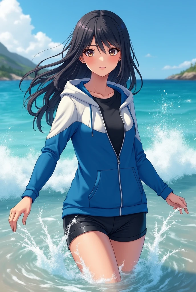 A 16-year-old girl with long black hair, wearing a blue and blue hoodie with a black shirt underneath, and black shorts. She&#39;s wearing a wetsuit because she&#39;s playing in the sea.